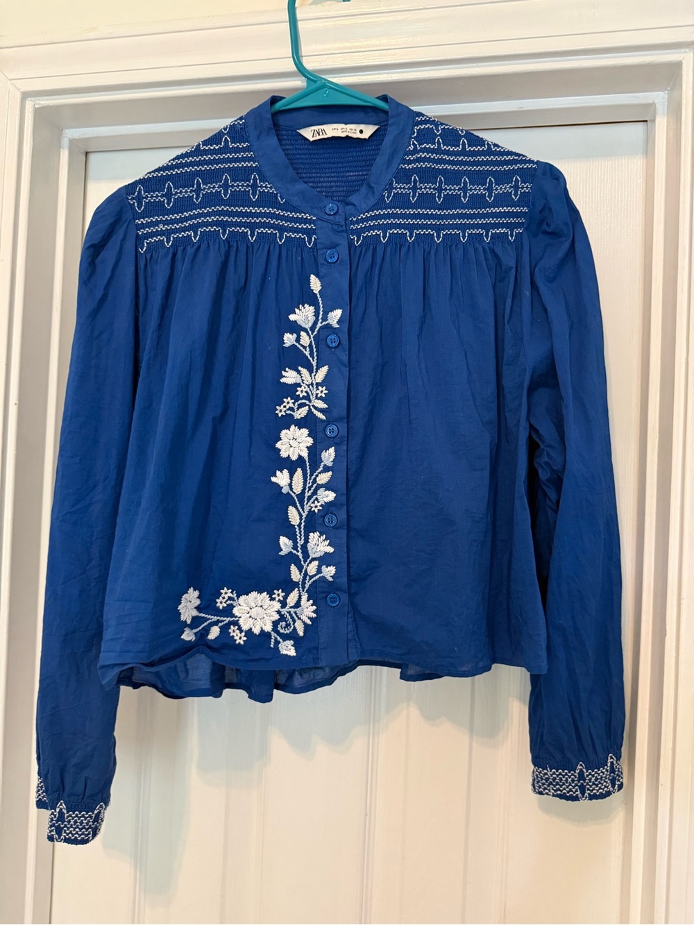 Zara Cobalt Blue Button-Front Blouse with White Floral Embroidery